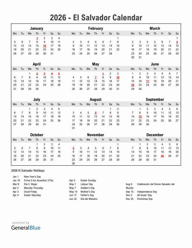 Year 2026 Simple Calendar With Holidays in El Salvador