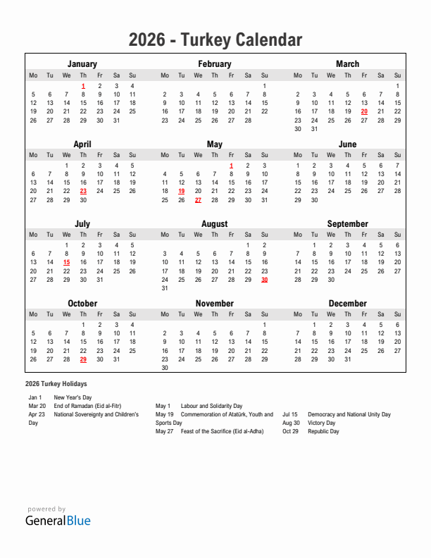 Year 2026 Simple Calendar With Holidays in Turkey