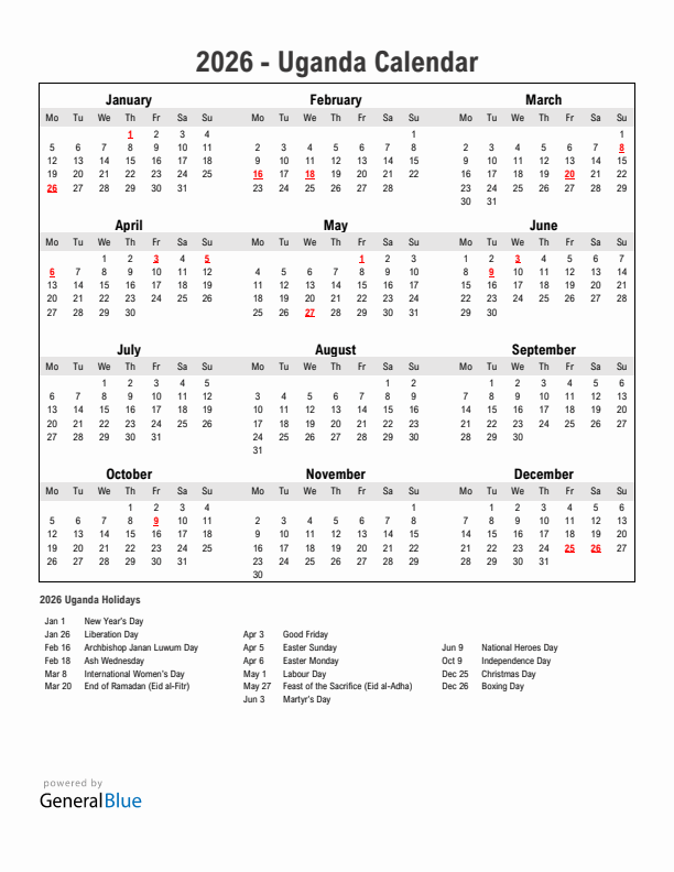 Year 2026 Simple Calendar With Holidays in Uganda