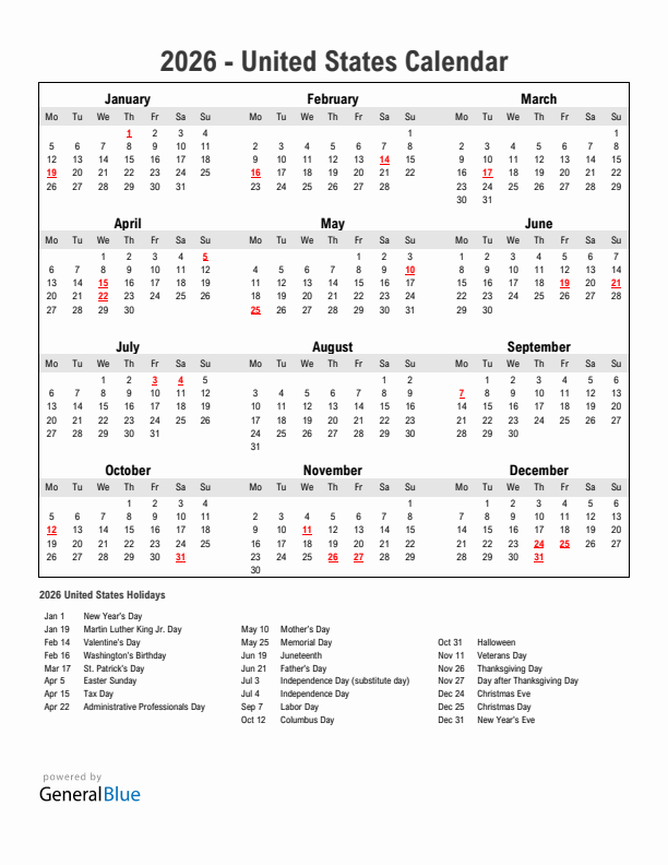 Year 2026 Simple Calendar With Holidays in United States