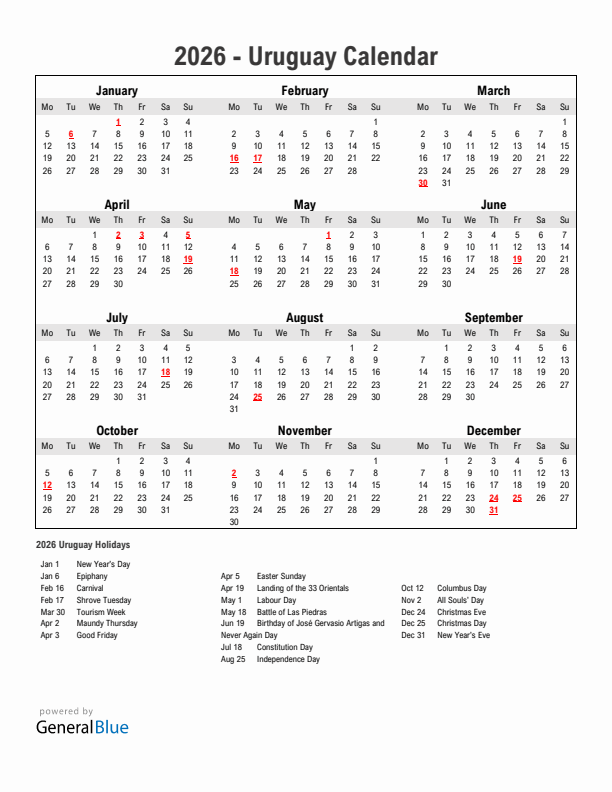 Year 2026 Simple Calendar With Holidays in Uruguay