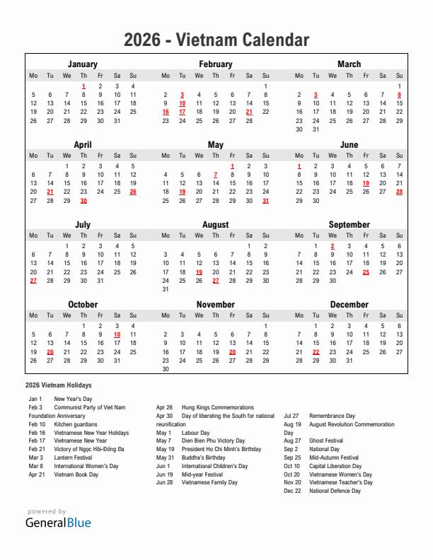 Year 2026 Simple Calendar With Holidays in Vietnam