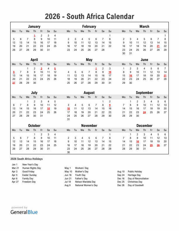 Year 2026 Simple Calendar With Holidays in South Africa