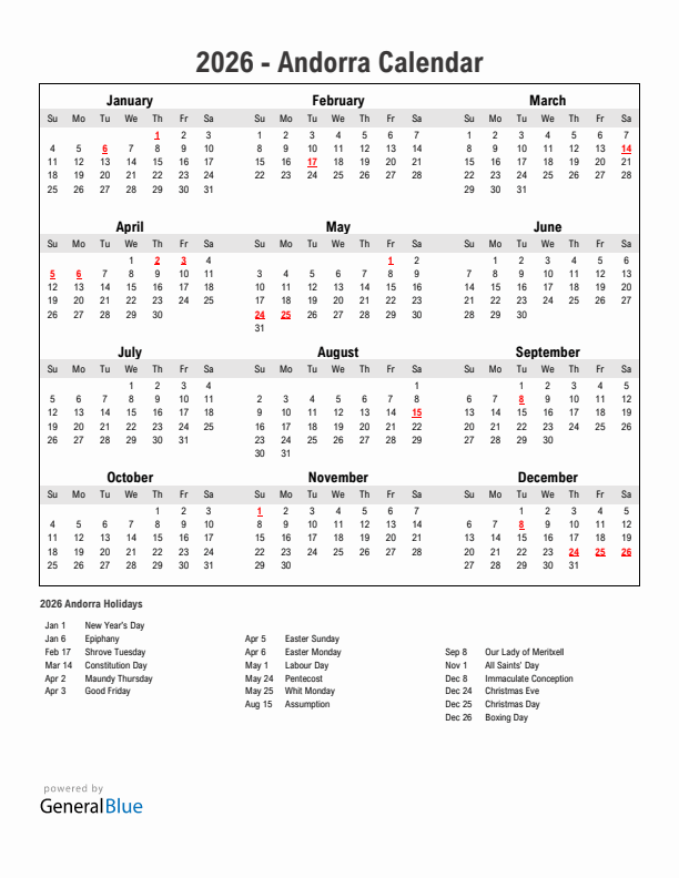 Year 2026 Simple Calendar With Holidays in Andorra