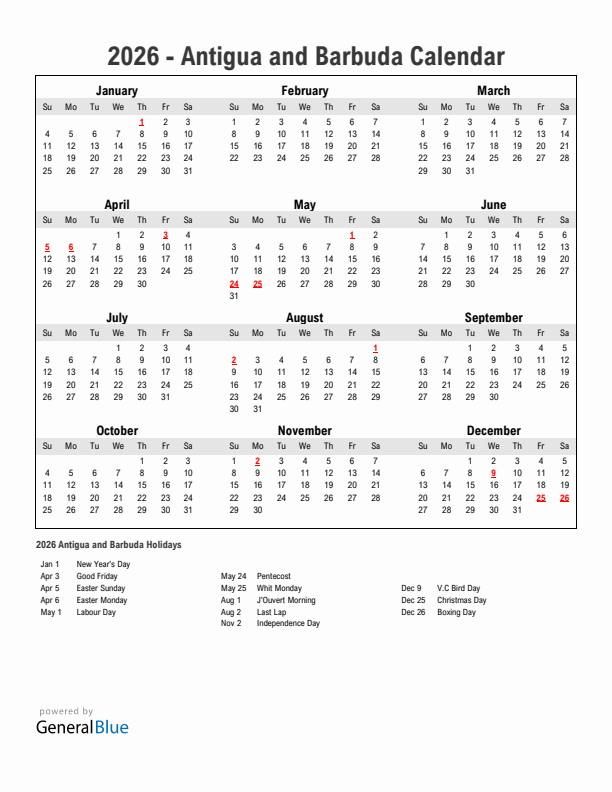 Year 2026 Simple Calendar With Holidays in Antigua and Barbuda