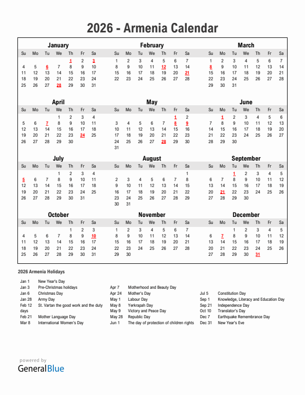 Year 2026 Simple Calendar With Holidays in Armenia