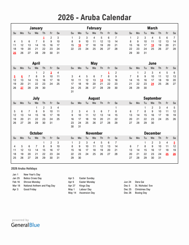 Year 2026 Simple Calendar With Holidays in Aruba