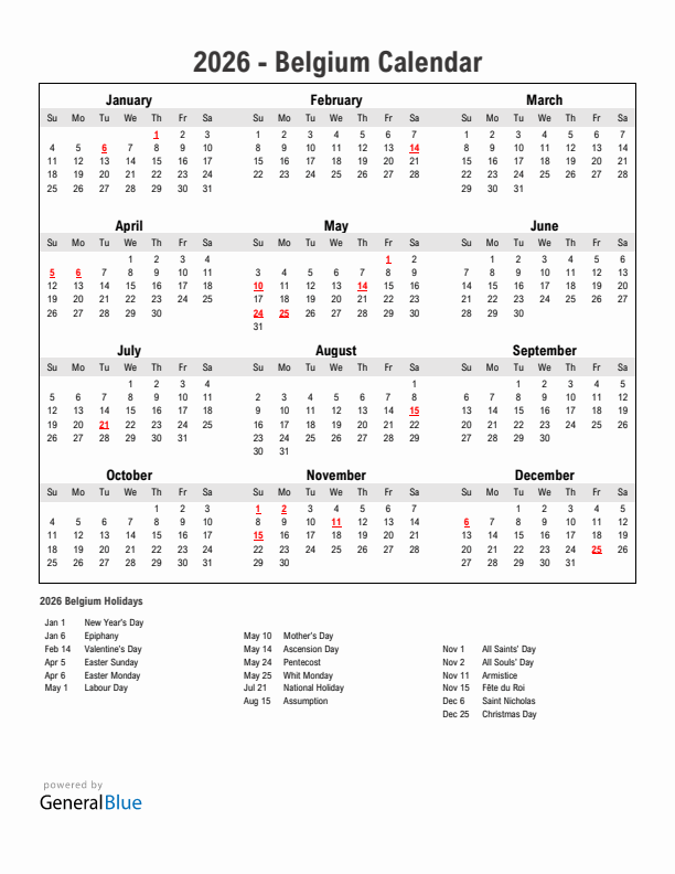 Year 2026 Simple Calendar With Holidays in Belgium