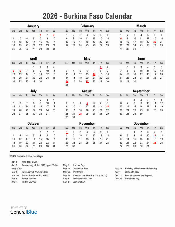 Year 2026 Simple Calendar With Holidays in Burkina Faso