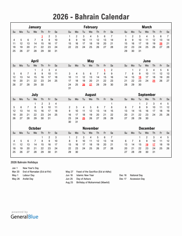 Year 2026 Simple Calendar With Holidays in Bahrain