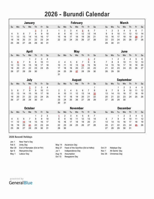 Year 2026 Simple Calendar With Holidays in Burundi