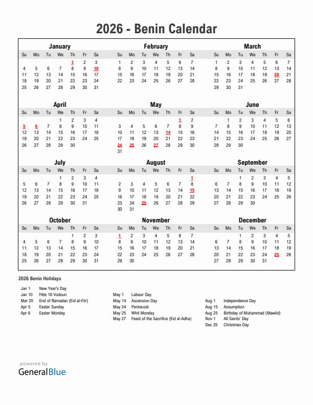 Year 2026 Simple Calendar With Holidays in Benin