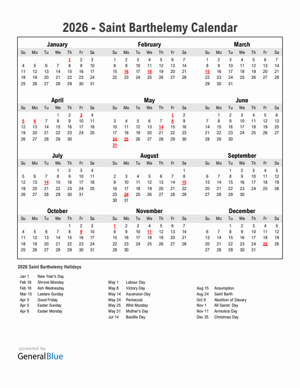 Year 2026 Simple Calendar With Holidays in Saint Barthelemy