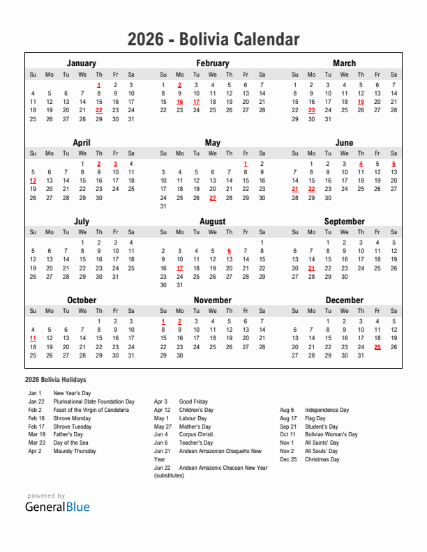 Year 2026 Simple Calendar With Holidays in Bolivia