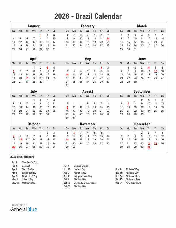 Year 2026 Simple Calendar With Holidays in Brazil