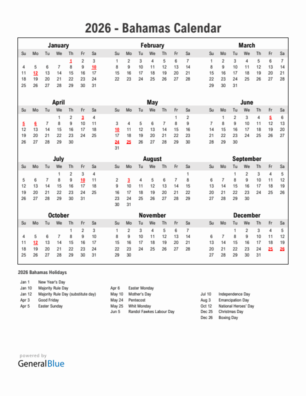 Year 2026 Simple Calendar With Holidays in Bahamas