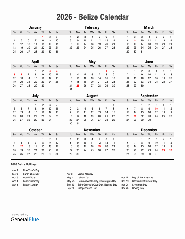 Year 2026 Simple Calendar With Holidays in Belize