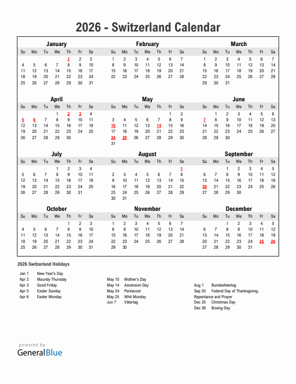 Year 2026 Simple Calendar With Holidays in Switzerland