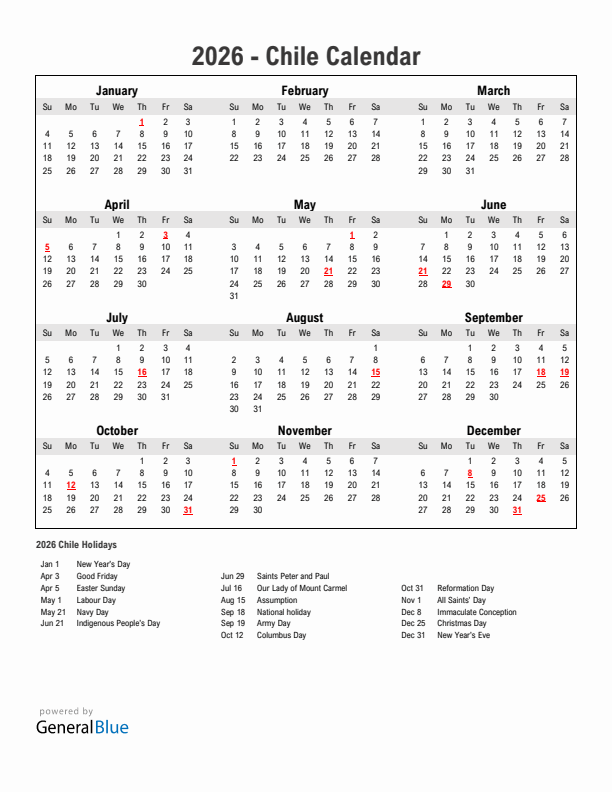 Year 2026 Simple Calendar With Holidays in Chile