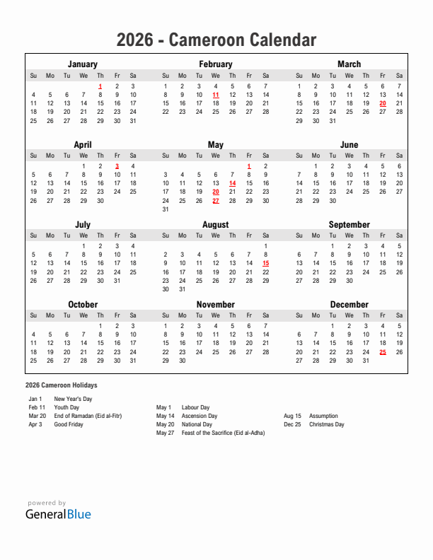 Year 2026 Simple Calendar With Holidays in Cameroon