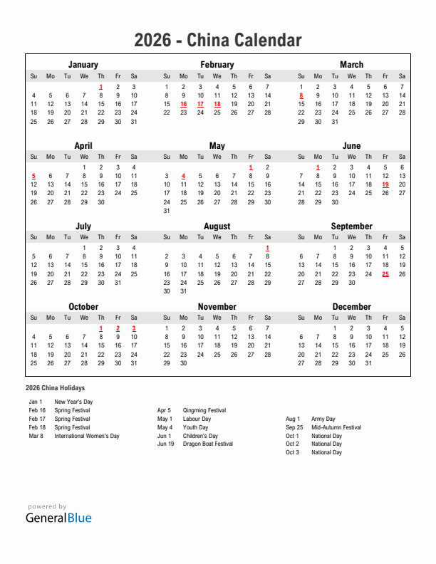 Year 2026 Simple Calendar With Holidays in China