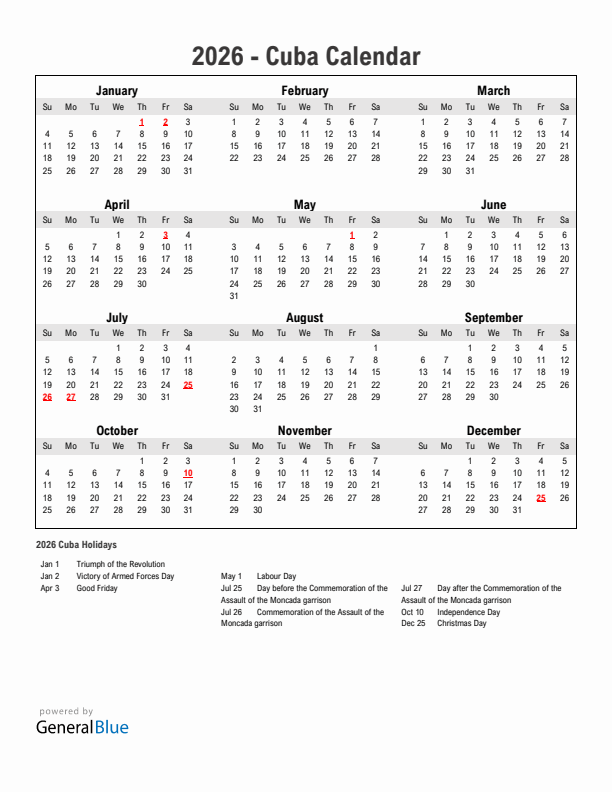 Year 2026 Simple Calendar With Holidays in Cuba