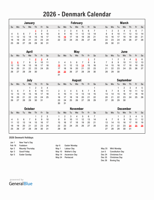 Year 2026 Simple Calendar With Holidays in Denmark