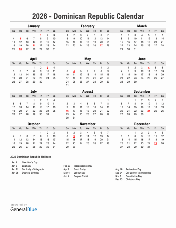 Year 2026 Simple Calendar With Holidays in Dominican Republic