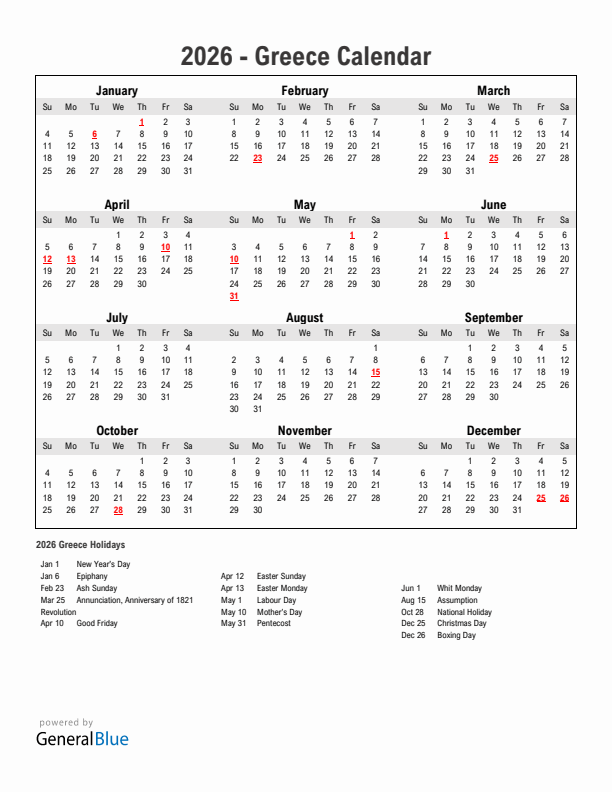 Year 2026 Simple Calendar With Holidays in Greece