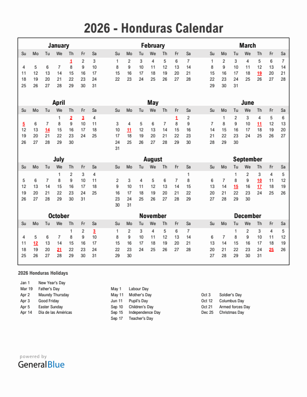 Year 2026 Simple Calendar With Holidays in Honduras