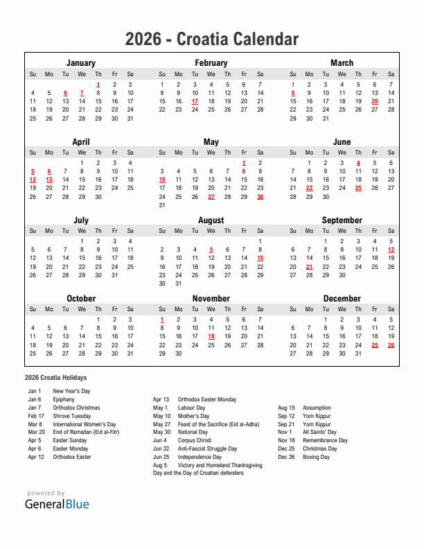 Year 2026 Simple Calendar With Holidays in Croatia