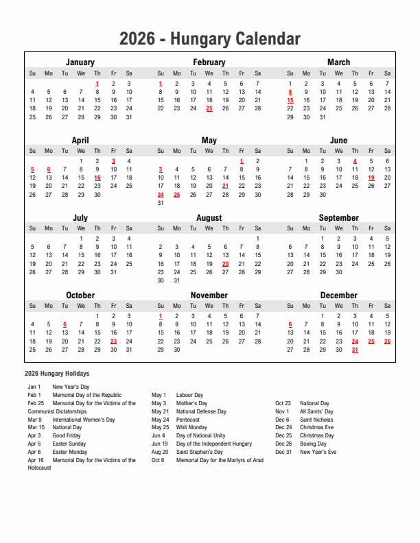 Year 2026 Simple Calendar With Holidays in Hungary