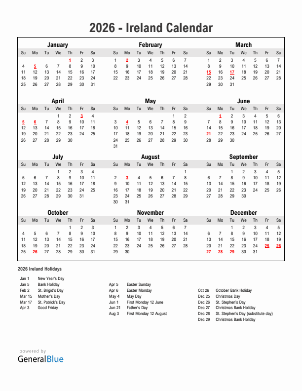 Year 2026 Simple Calendar With Holidays in Ireland