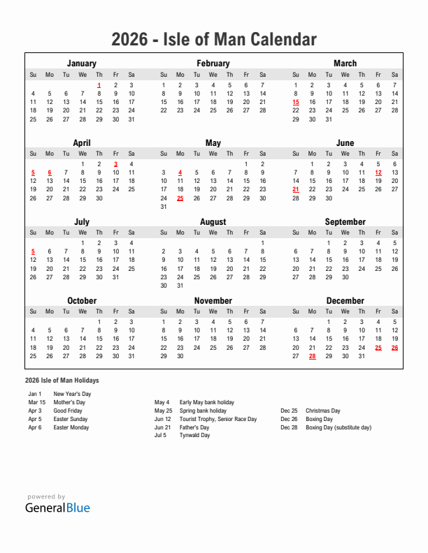 Year 2026 Simple Calendar With Holidays in Isle of Man