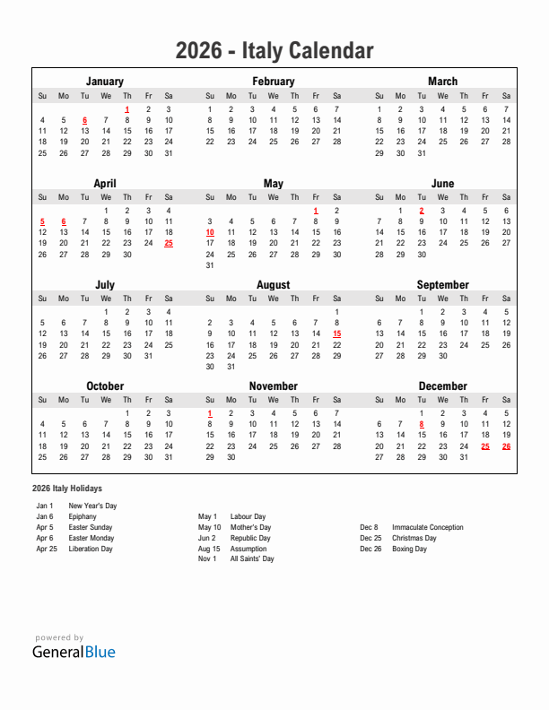 Year 2026 Simple Calendar With Holidays in Italy