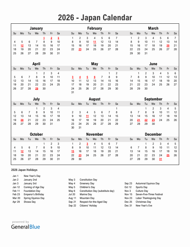 Year 2026 Simple Calendar With Holidays in Japan