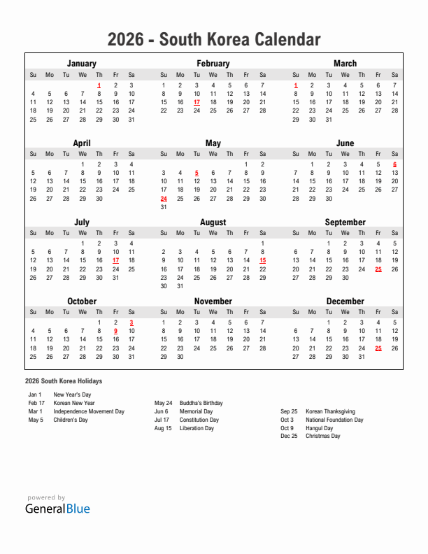 Year 2026 Simple Calendar With Holidays in South Korea