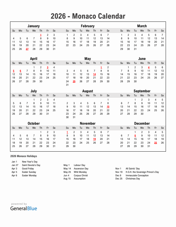 Year 2026 Simple Calendar With Holidays in Monaco