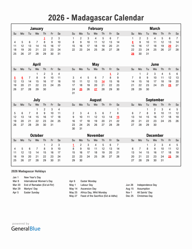 Year 2026 Simple Calendar With Holidays in Madagascar