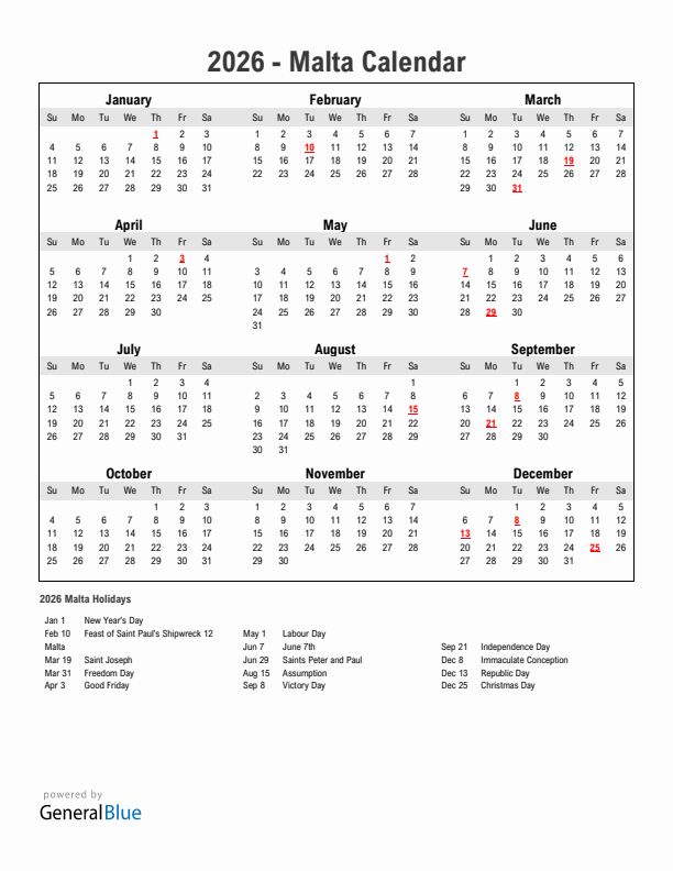 Year 2026 Simple Calendar With Holidays in Malta