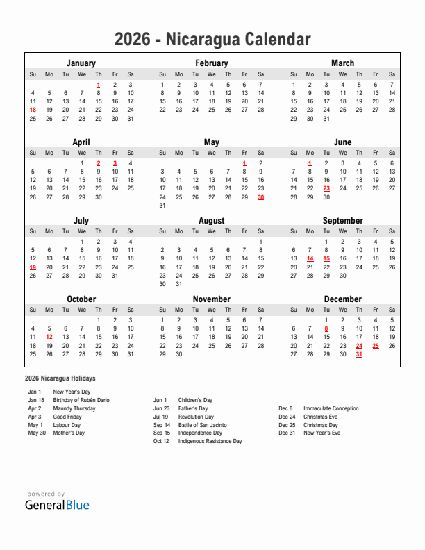 Year 2026 Simple Calendar With Holidays in Nicaragua