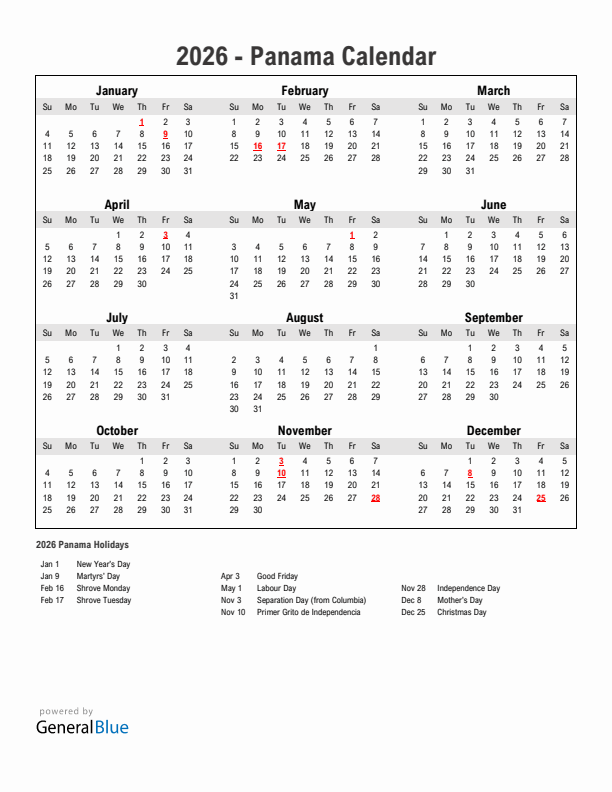 Year 2026 Simple Calendar With Holidays in Panama