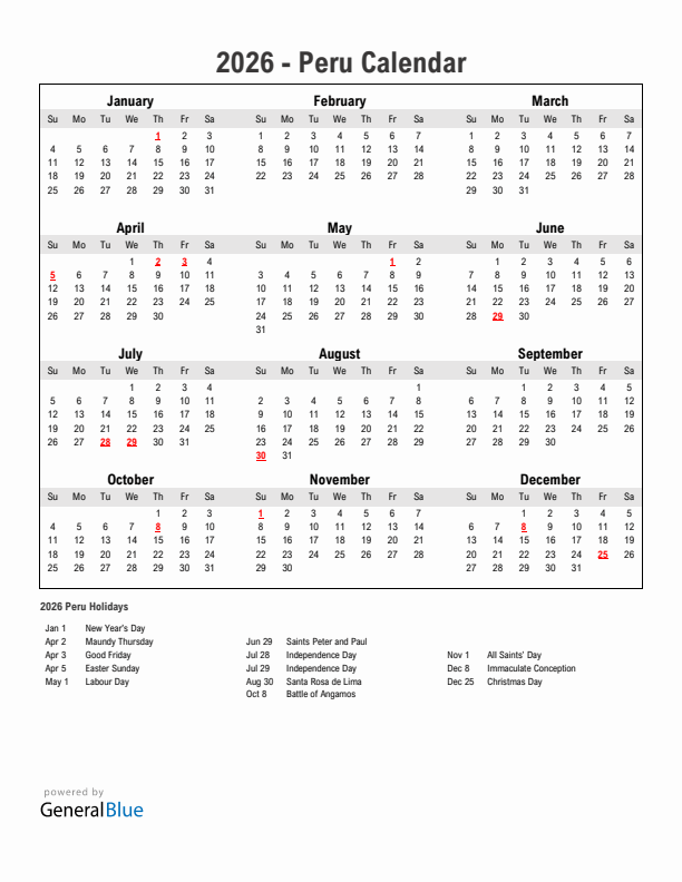 Year 2026 Simple Calendar With Holidays in Peru