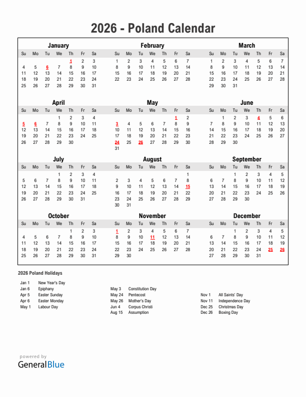 Year 2026 Simple Calendar With Holidays in Poland