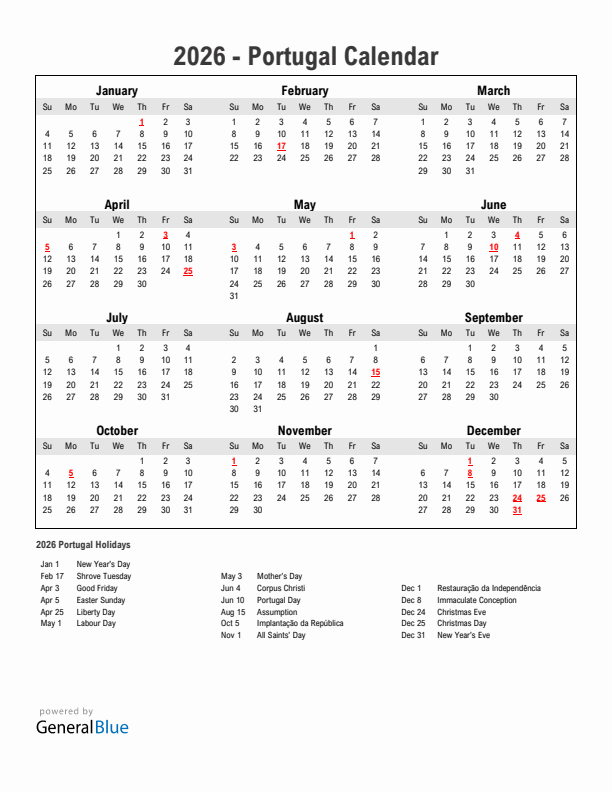 Year 2026 Simple Calendar With Holidays in Portugal