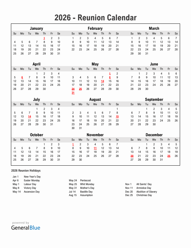 Year 2026 Simple Calendar With Holidays in Reunion