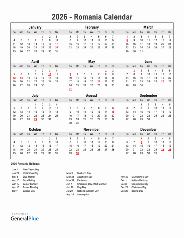 Year 2026 Simple Calendar With Holidays in Romania