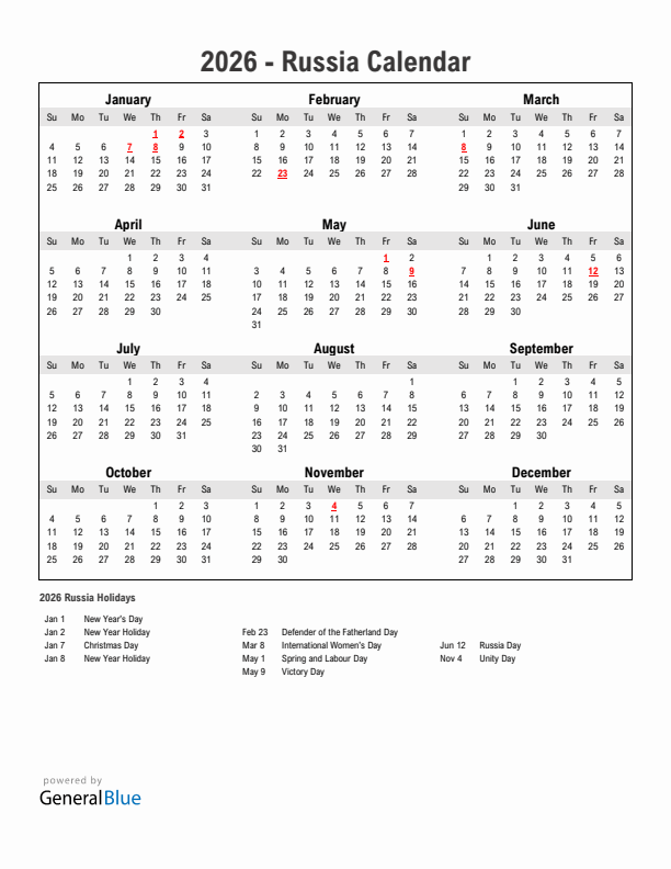 Year 2026 Simple Calendar With Holidays in Russia