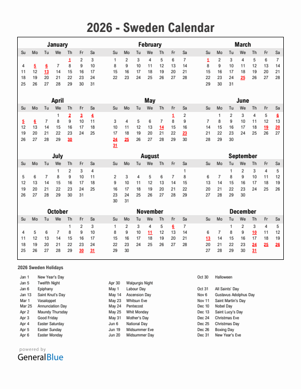 Year 2026 Simple Calendar With Holidays in Sweden