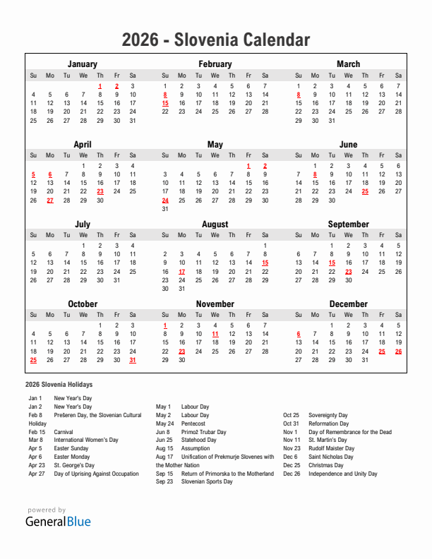 Year 2026 Simple Calendar With Holidays in Slovenia